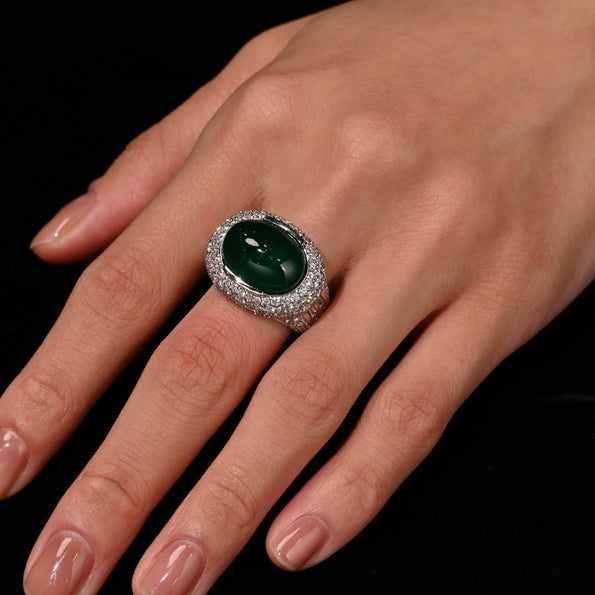 AGL Certified 10 Carat Cabochon Cut Minor Oil Emerald and Diamond Cluster Ring in 18K White Gold