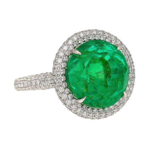 AGL Certified 15 Carat Round Cut Colombian Emerald and Diamond Halo Ring