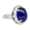 AGL Certified 16.68 Carat Cabochon Cut Ceylon Blue Sapphire Ring with Diamond Halo and Filigree Set 18K White Gold