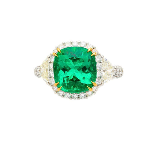 AGL Certify 3.52ct Cushion Colombian Emerald Half Moon Diamond Ring