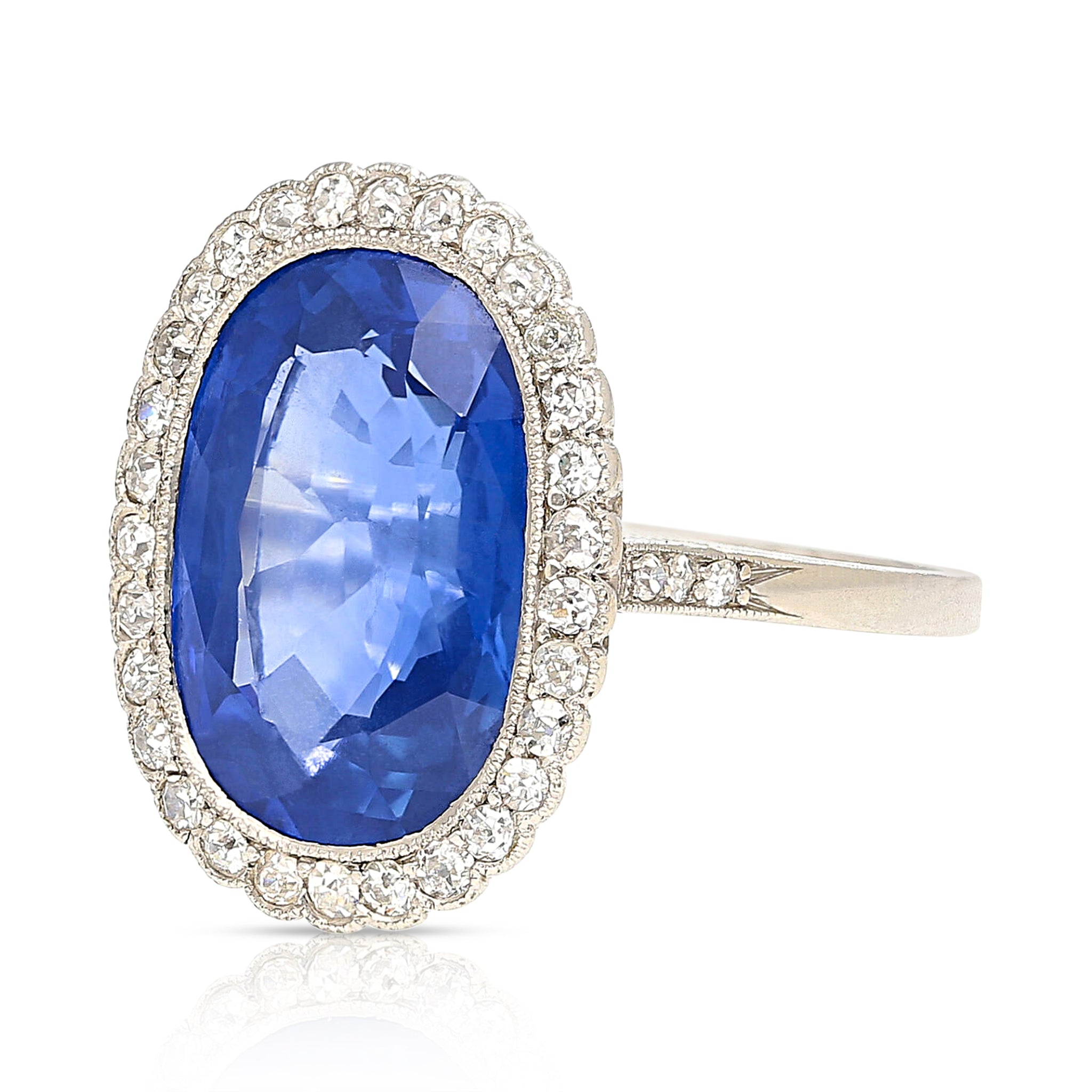 AGL Certified 7.76 Carat No Heat Burma Oval Blue Sapphire Vintage Edwardian Ring in Platinum