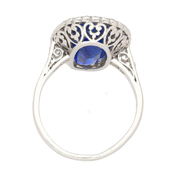 AGL Certified 7.76 Carat No Heat Burma Oval Blue Sapphire Vintage Edwardian Ring in Platinum