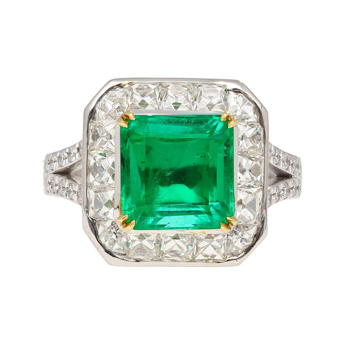 AGL Certified No Oil 2.54 Carat Colombian Emerald and Old French Cut Diamond Ring