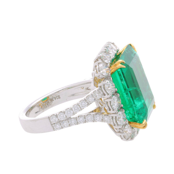 AGL GRS Certified 14.36 Carat Colombian Emerald & Diamond 18K Gold Cocktail Ring
