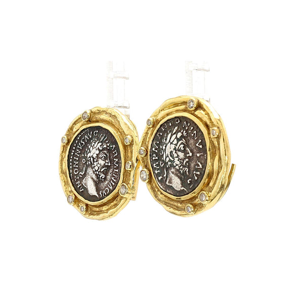 Ancient Greek Coin & Round Cut Diamond Bezel Set in 22K Yellow Gold Earrings