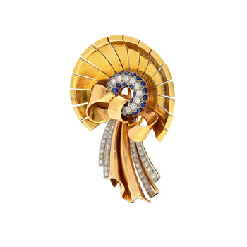 Antique 1940's Diamond & Sapphire Bonnet (Hat) and Ribbon Brooch in 18K Rose & Yellow Gold – Assay Jewelers