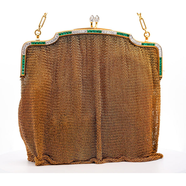 Antique Art Deco 18K Gold Mesh Evening Bag With Emerald and Diamond Frame