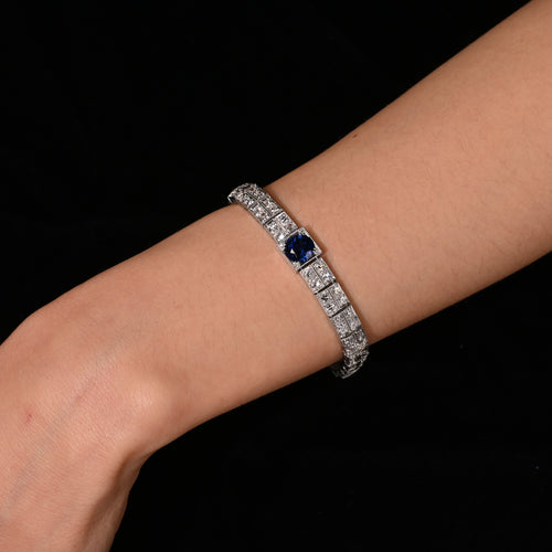 Antique Art Deco Platinum Filigree Blue Sapphire & Diamond Bracelet