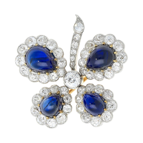 Antique GIA Certified 6ct Cabochon Sapphire & Diamond Brooch