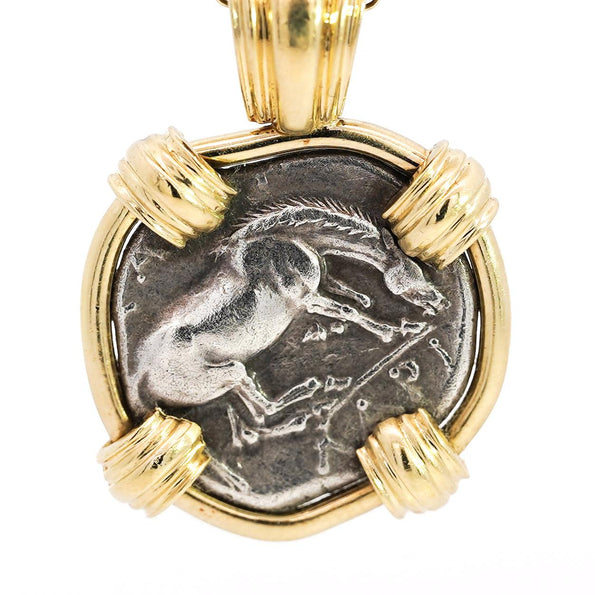 Antique Larissa Greek Coin in 18K Gold Frame Pendant