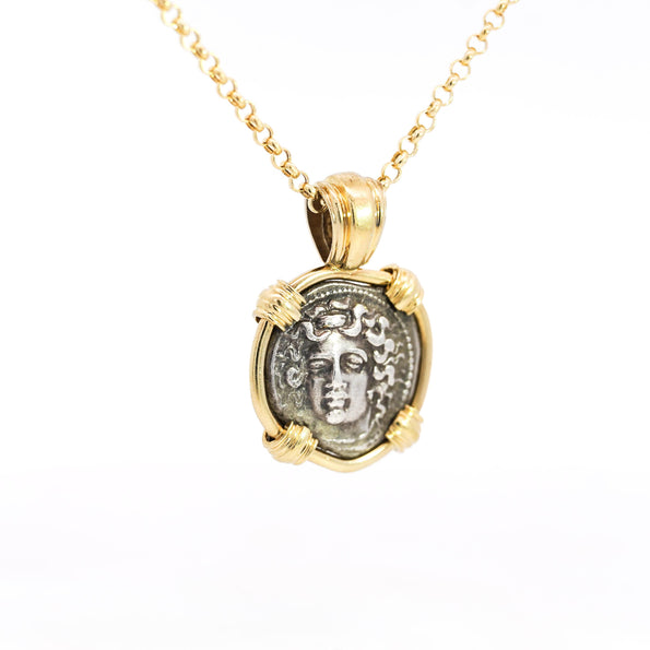 Antique Larissa Greek Coin in 18K Gold Frame Pendant