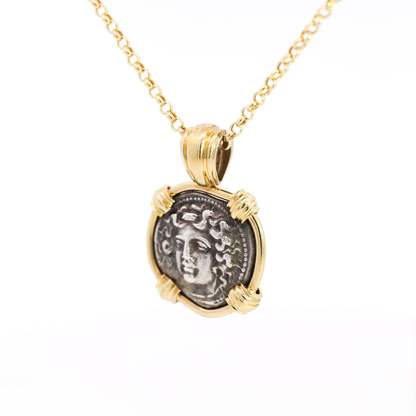 Antique Larissa Greek Coin in 18K Gold Frame Pendant