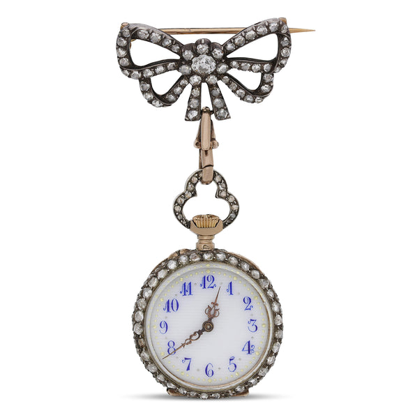 Antique Maison Aucoc Paris Diamond Guilloché Enamel 18K Lapel Bow Brooch Watch