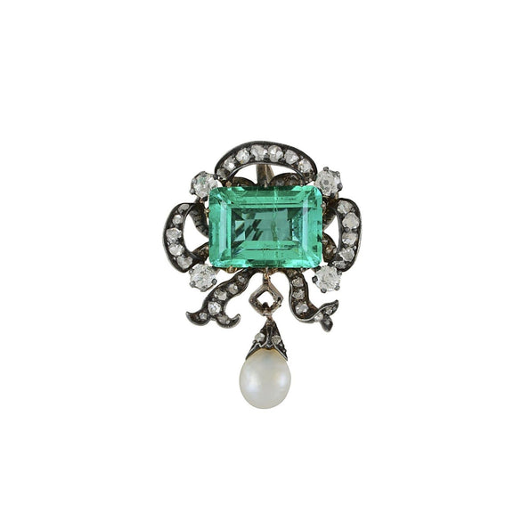 Antique Victorian Colombian Emerald, Pearl, & Old Mine Diamond Pendant Circa 1880