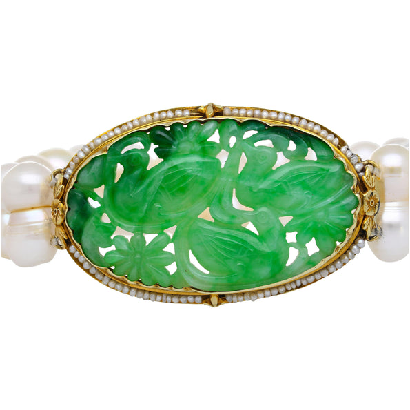 Antique Yellow Gold with Carved Jade and Pearl Pin Bracelet