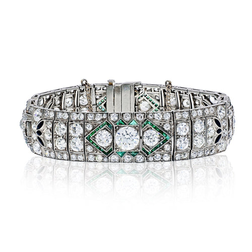 Art Deco Old-European Cut Diamond, Emerald and Onyx Platinum Bracelet