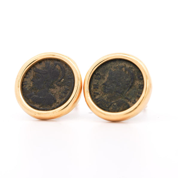 Authentic Roman Coin 14K Gold Bezel Set Stud Earrings With Lever Backs