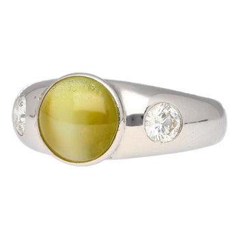 Bezel Set Chrysoberyl Cat's Eye and Diamond Three Stone Ring in 18K White Gold – Assay Jewelers