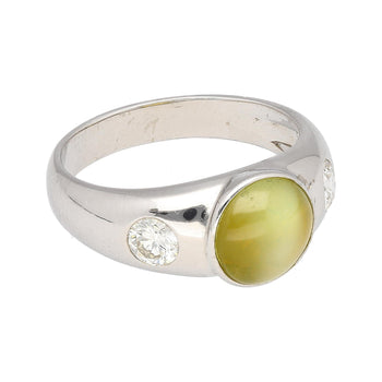 Bezel Set Chrysoberyl Cat's Eye and Diamond Three Stone Ring in 18K White Gold – Assay Jewelers