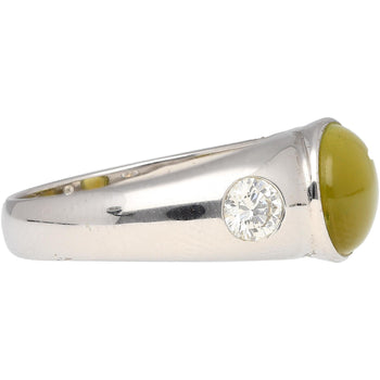 Bezel Set Chrysoberyl Cat's Eye and Diamond Three Stone Ring in 18K White Gold – Assay Jewelers