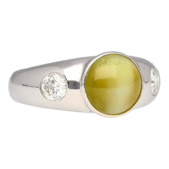 Bezel Set Chrysoberyl Cat's Eye and Diamond Three Stone Ring in 18K White Gold – Assay Jewelers