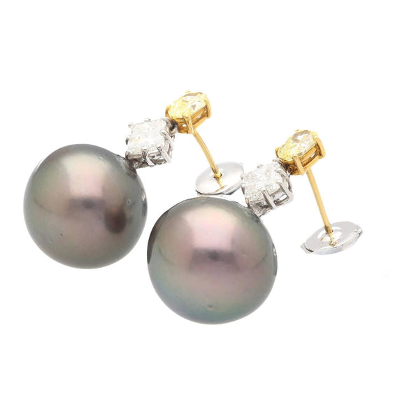 Black Pearl with Fancy Yellow & White Lily Cut Diamond Drop Earrings