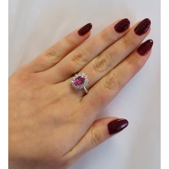 Bague halo en or blanc 18k avec saphir rose ovale certifié CGTL de 3,96 carats et diamants – Assay Jewelers