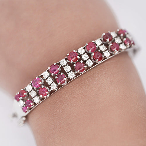 Cabochon Ruby and Round Diamond Bangle Bracelet in 14K White Gold