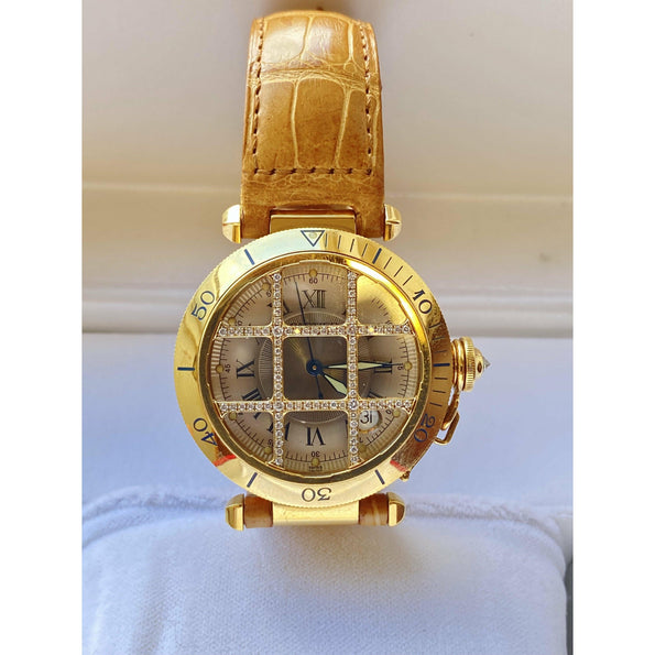 Cartier 36mm Pasha Men's Watch with Diamond Cage and Brown Leather Strap