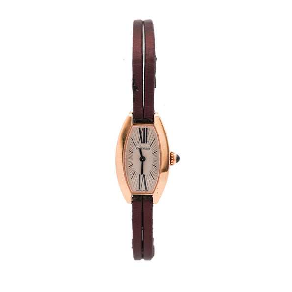 Cartier Mini Tonneau Lanieres 2592 18K Rose Gold Burgundy Strap Quartz Watch