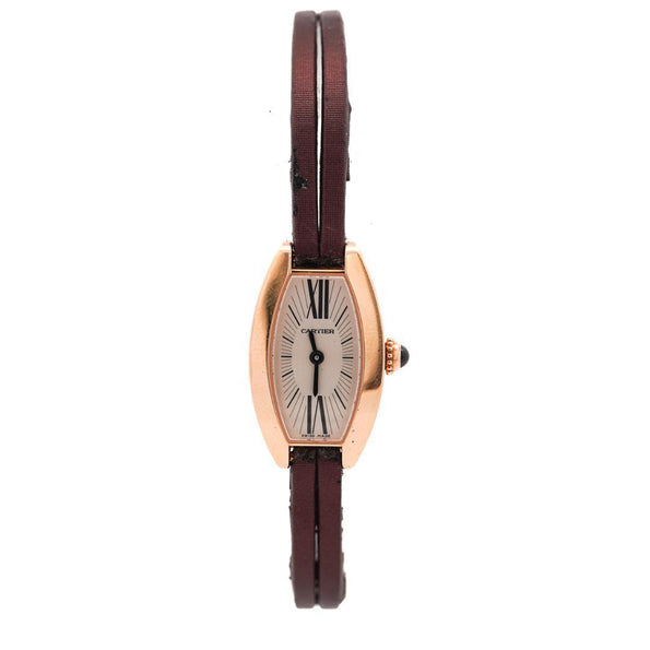 Cartier Mini Tonneau Lanieres 2592 18K Rose Gold Burgundy Strap Quartz Watch