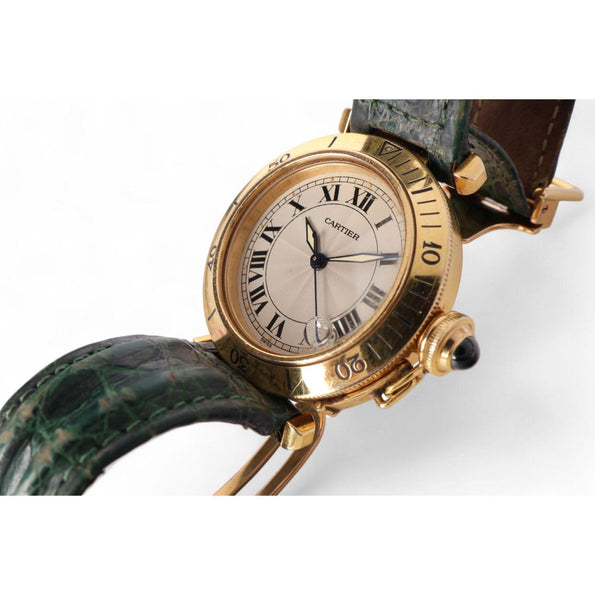 Cartier Pasha 1035 Automatic Watch 18K Gold Ivory Dial Alligator Strap 35mm