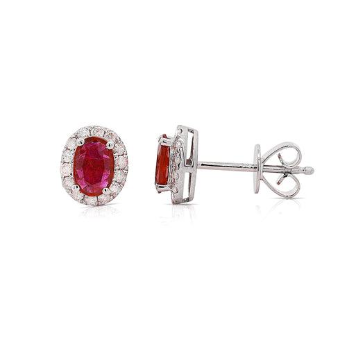 Certified 1 Carat Ruby Diamond Halo Stud Earring in 14K