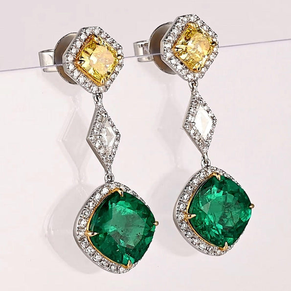 Certified 11.69 Carat Colombian Emerald & Yellow Diamond Drop Earrings