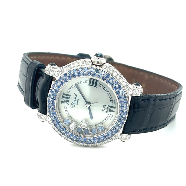 Montre Chopard Happy Sport en or blanc 18K, saphir bleu et diamants | Pochette et papiers