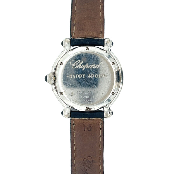 Montre Chopard Happy Sport en or blanc 18K, saphir bleu et diamants | Pochette et papiers