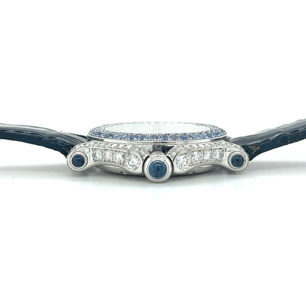 Montre Chopard Happy Sport en or blanc 18K avec saphirs bleus et diamants | Pochette et papiers