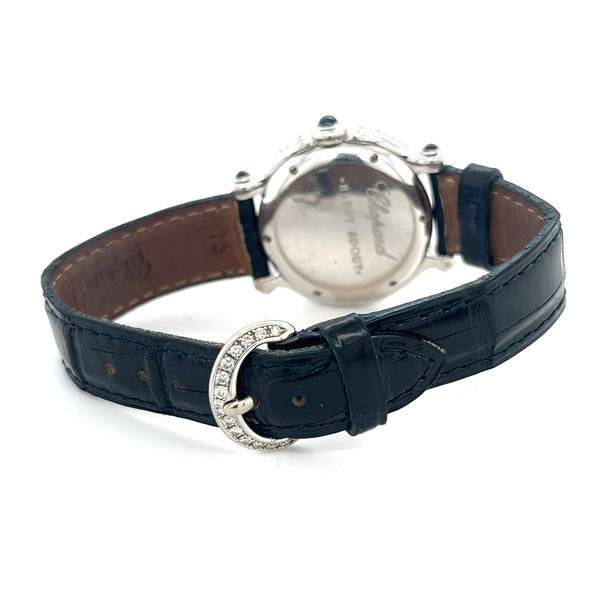 Chopard montre Happy Sport en or blanc 18K avec saphirs bleus et diamants | Pochette et papiers