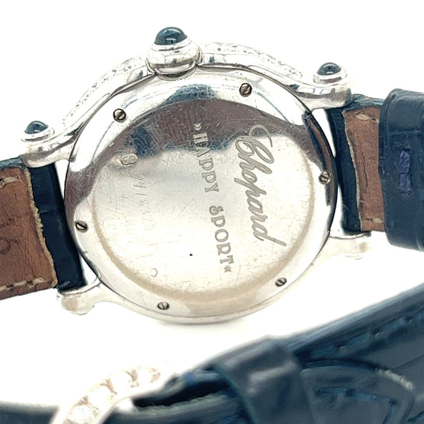 Montre Chopard Happy Sport en or blanc 18K avec saphirs bleus et diamants | Pochette et papiers