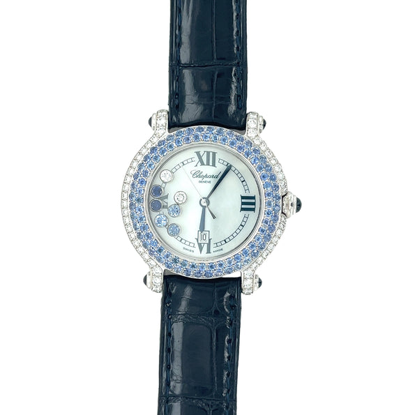 Montre Chopard Happy Sport en or blanc 18K avec saphir bleu et diamants | Pochette et papiers