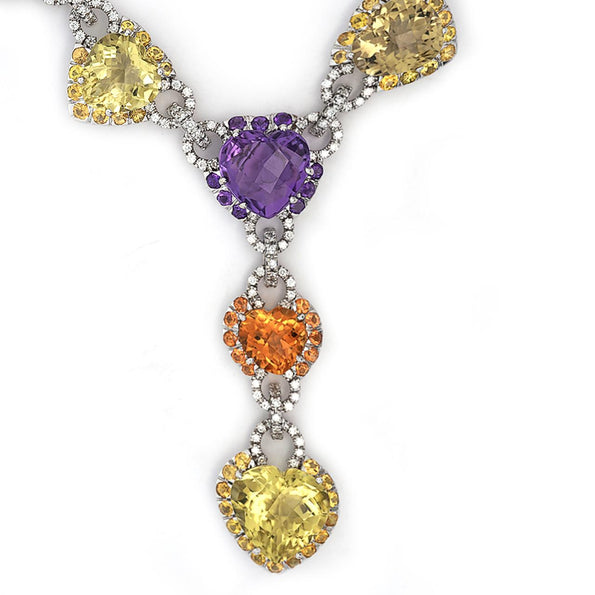 Citrine Amethyst Diamond Heart in 18K White Gold Necklace & Earring Set