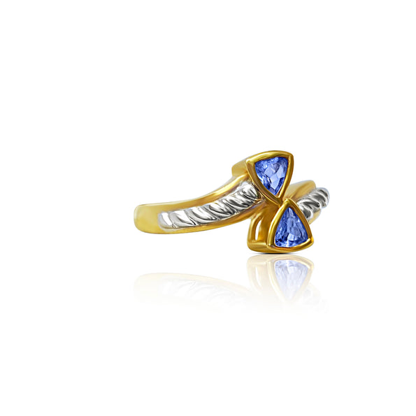 Curved Triangle Cut Tanzanite Ring in 14k Yellow and White Gold