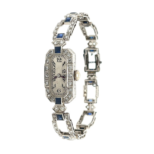 Diamond and Blue Sapphire Eterna Art Deco Watch in Platinum