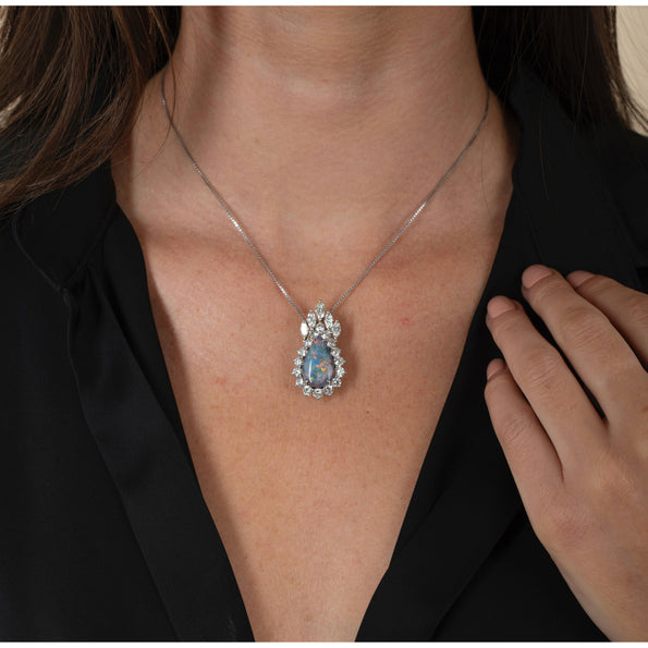 Drop Shaped Black Opal with Marquise & Round Diamond Halo Pendant Or Brooch in 14K White Gold