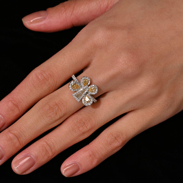 Fancy Yellow & White Diamond Pave in 18K Two Tone Gold Butterfly Cocktail Ring
