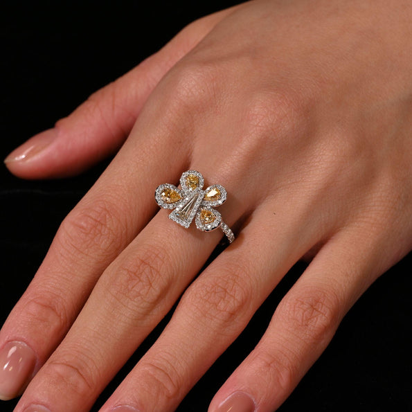 Fancy Yellow & White Diamond Pave in 18K Two Tone Gold Butterfly Cocktail Ring