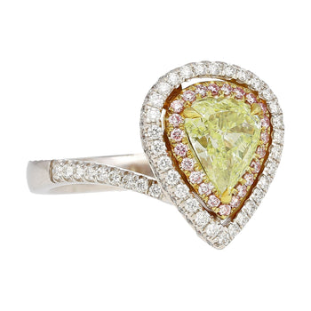 GIA 1.25CT Pear Cut Fancy Green Yellow Diamond 18K Tri-Colored Gold Bypass Ring – Assay Jewelers