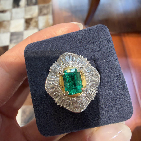 GIA 1.38 Carat Emerald Cut Colombian Emerald & Diamond Platinum Ballerina Ring