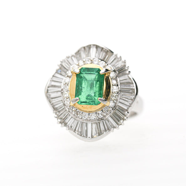 GIA 1.38 Carat Emerald Cut Colombian Emerald & Diamond Platinum Ballerina Ring