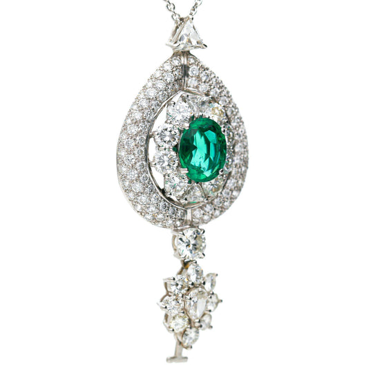 GIA 2.53 Carat No Oil Emerald & 5 Carat Diamond Platinum Drop Pendant